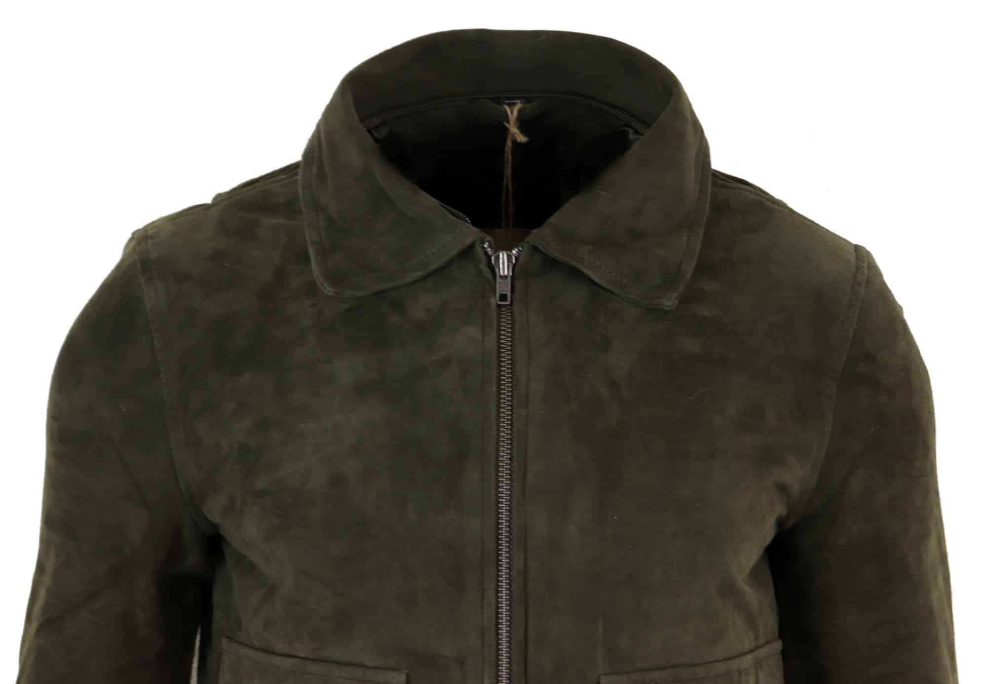 Jaqueta bomber universitária masculina em camurça genuína com gola removível - Verde Oliva
