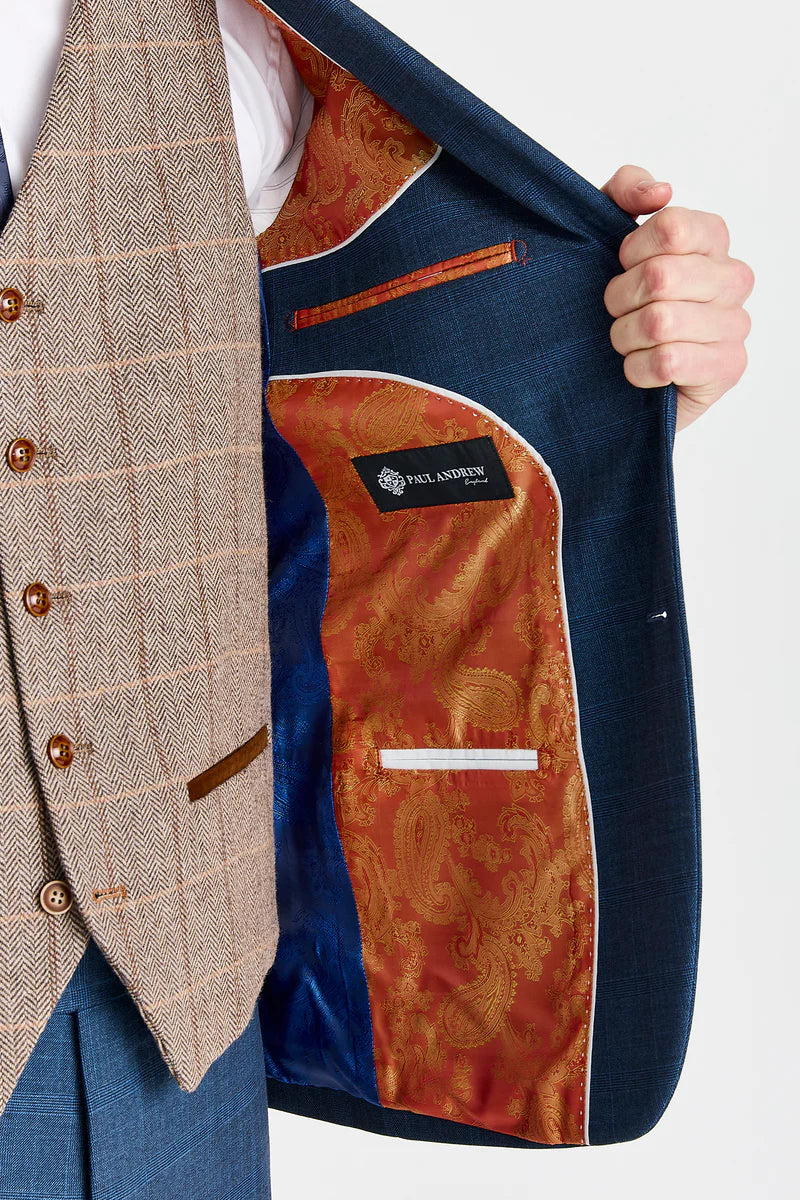 Terno Viceroy Navy com colete contrastante em tweed Harris Brown.