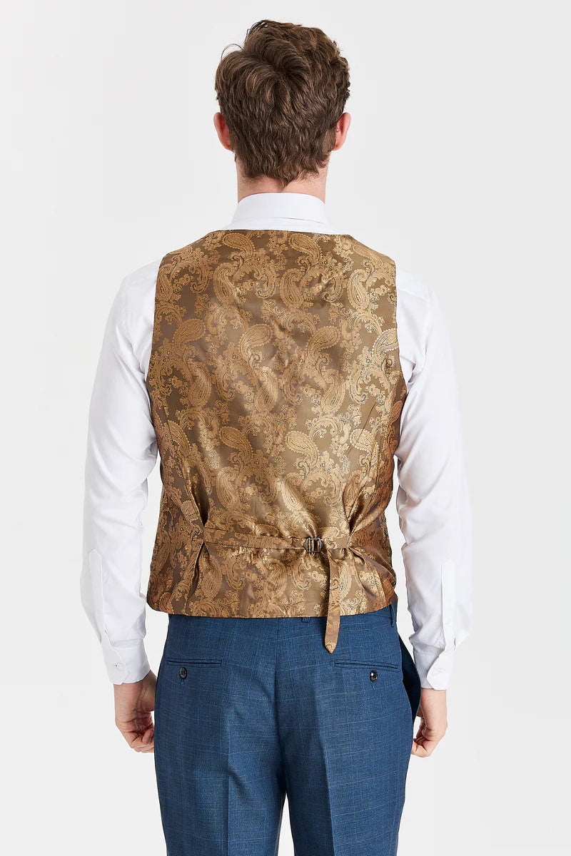 Terno Viceroy Navy com colete contrastante em tweed Harris Brown.