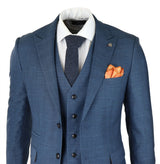 Terno masculino de 3 peças com estampa Príncipe de Gales, azul clássico, corte sob medida e moderno.