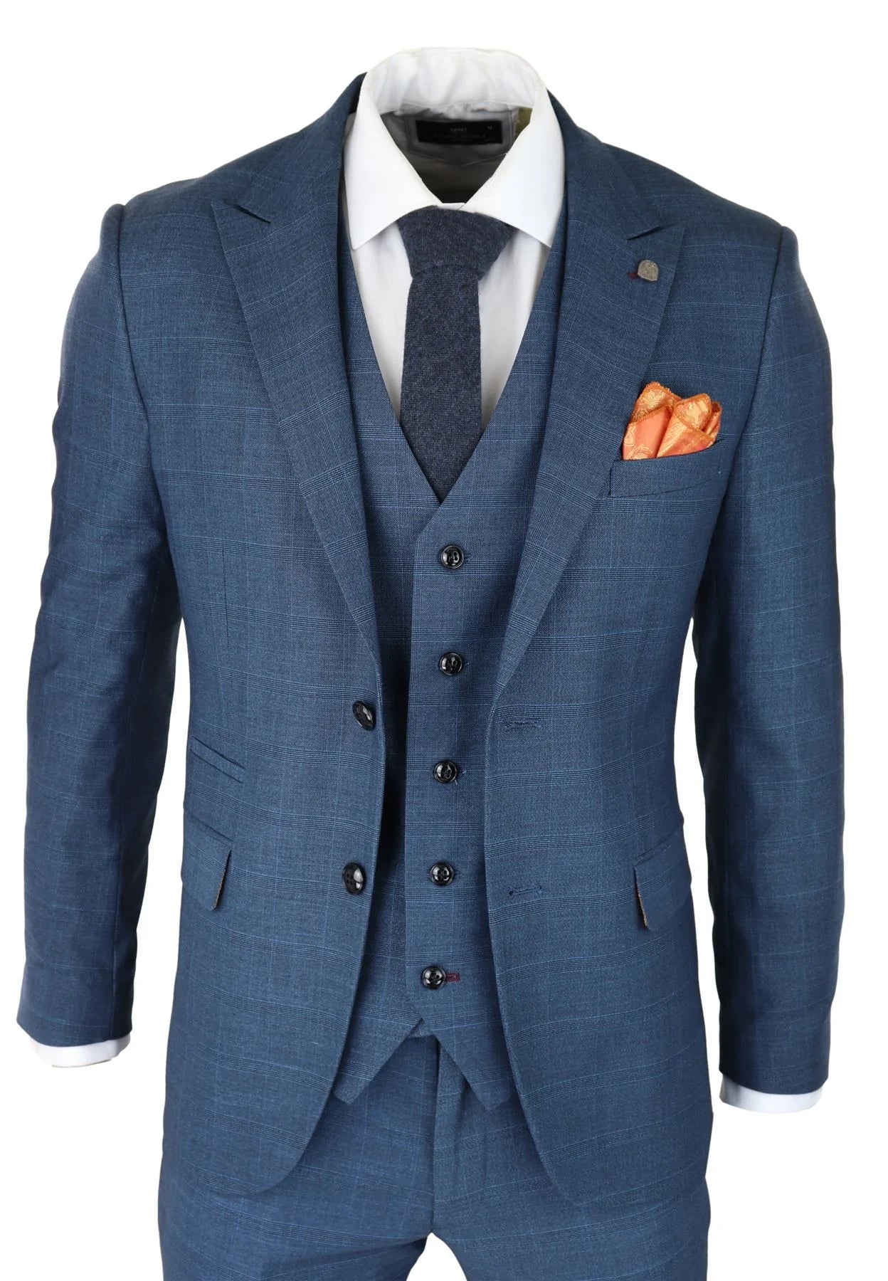 Terno masculino de 3 peças com estampa Príncipe de Gales, azul clássico, corte sob medida e moderno.