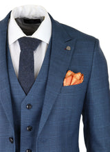 Terno masculino de 3 peças com estampa Príncipe de Gales, azul clássico, corte sob medida e moderno.