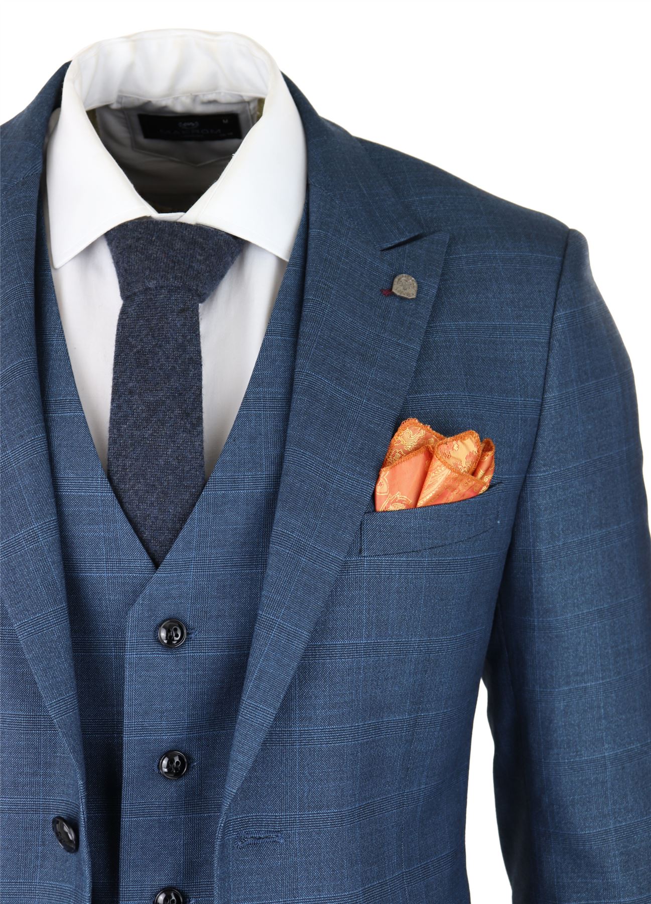 Terno masculino de 3 peças com estampa Príncipe de Gales, azul clássico, corte sob medida e moderno.