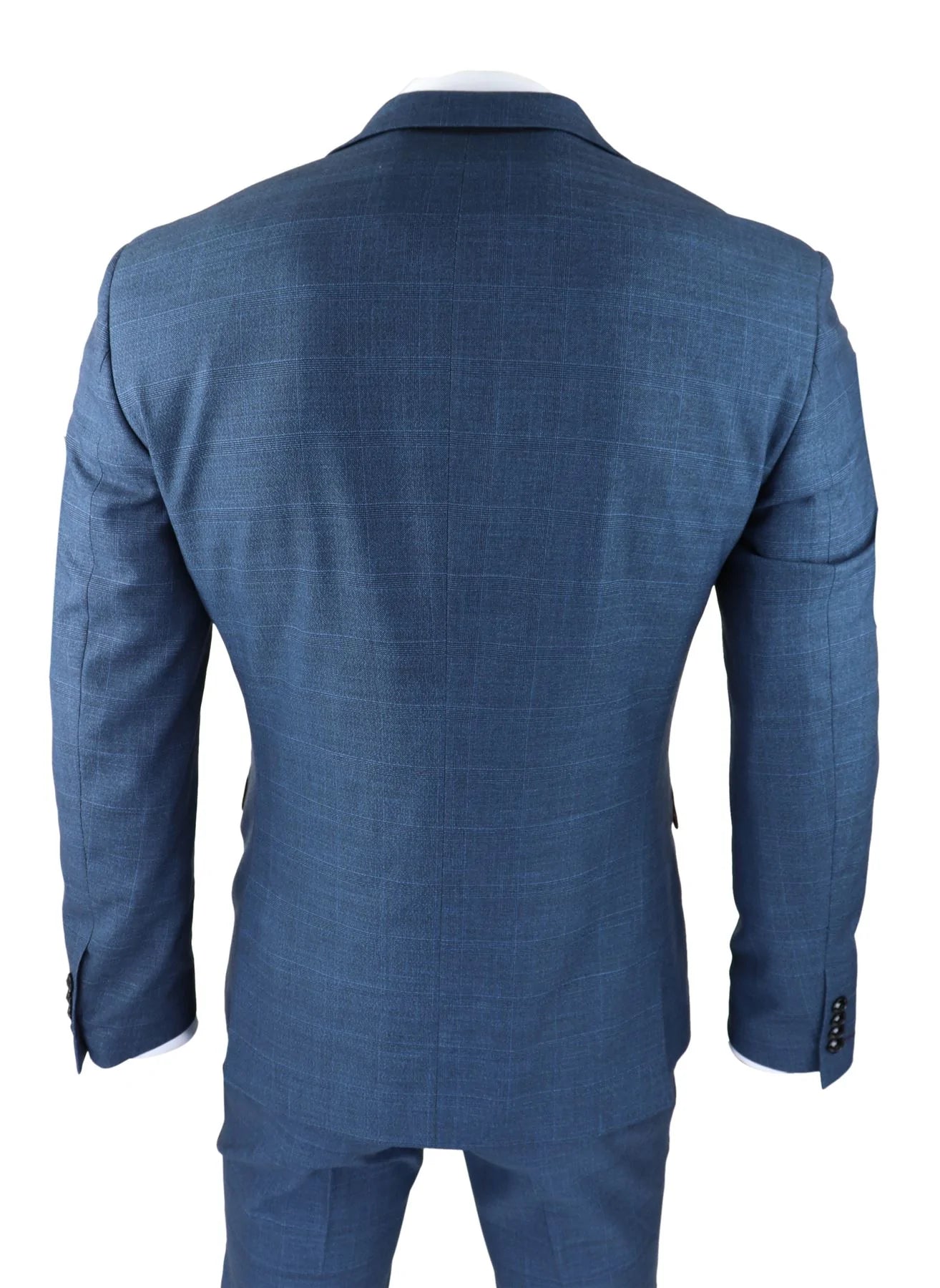 Terno masculino de 3 peças com estampa Príncipe de Gales, azul clássico, corte sob medida e moderno.