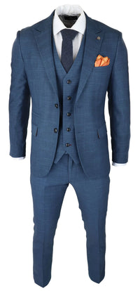 Terno masculino de 3 peças com estampa Príncipe de Gales, azul clássico, corte sob medida e moderno.