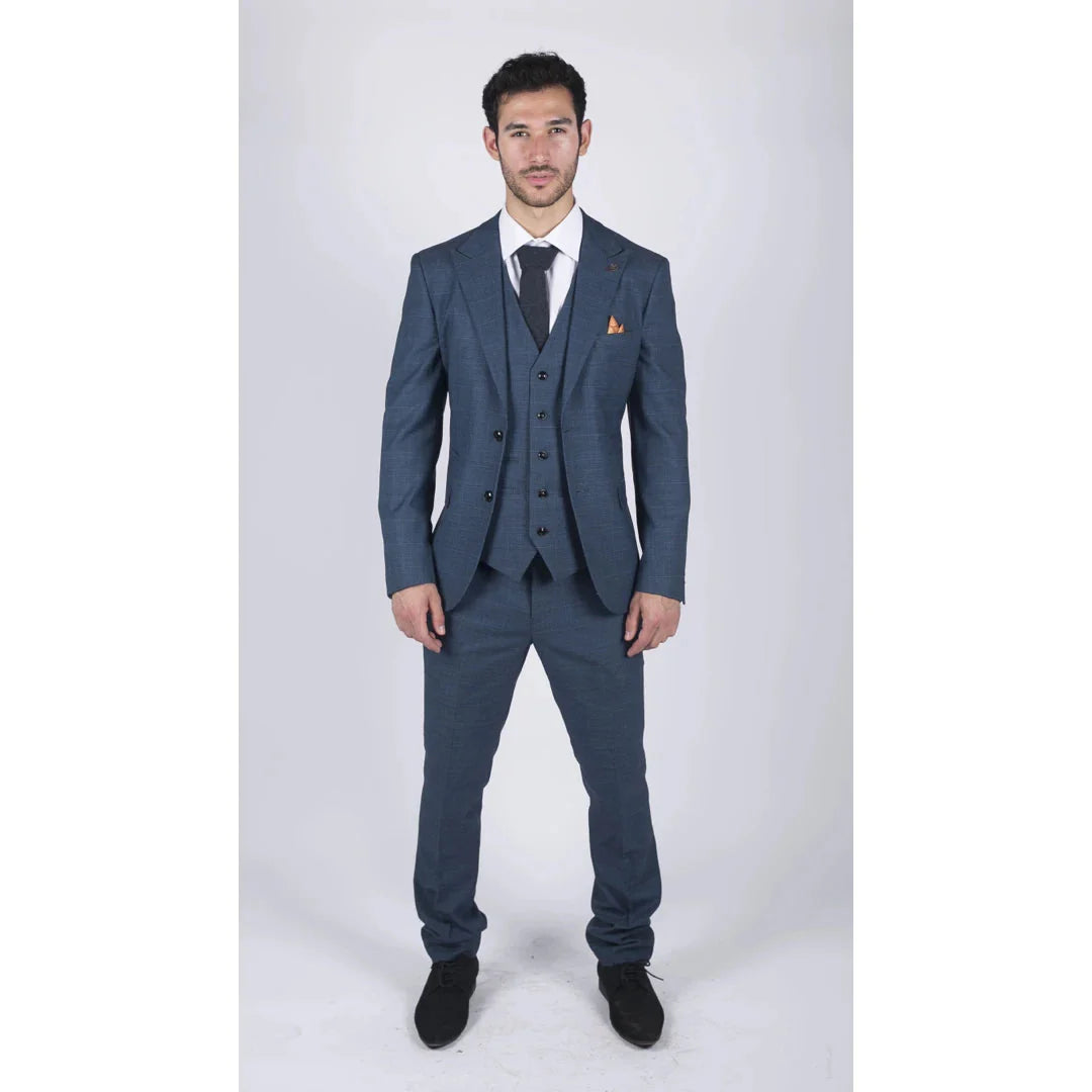 Terno masculino de 3 peças com estampa Príncipe de Gales, azul clássico, corte sob medida e moderno.