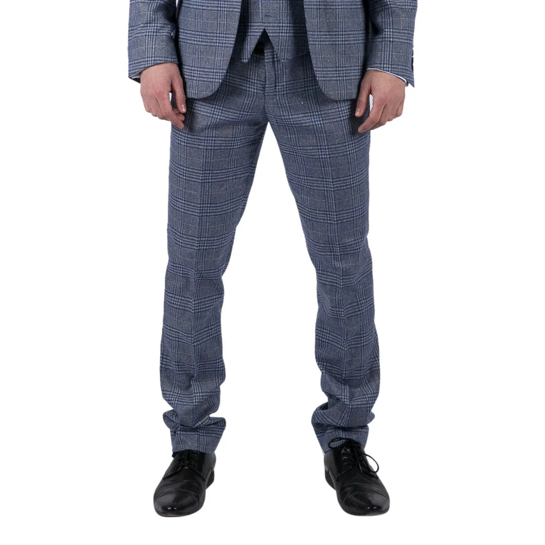 Victor - Calças de casamento masculinas em tweed xadrez azul