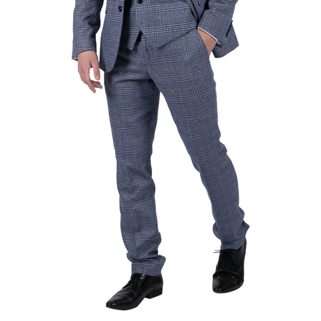 Victor - Calças de casamento masculinas em tweed xadrez azul