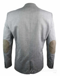 Blazer masculino sob medida, cinza com detalhes em azul, bolsos e cotoveleiras marrons.