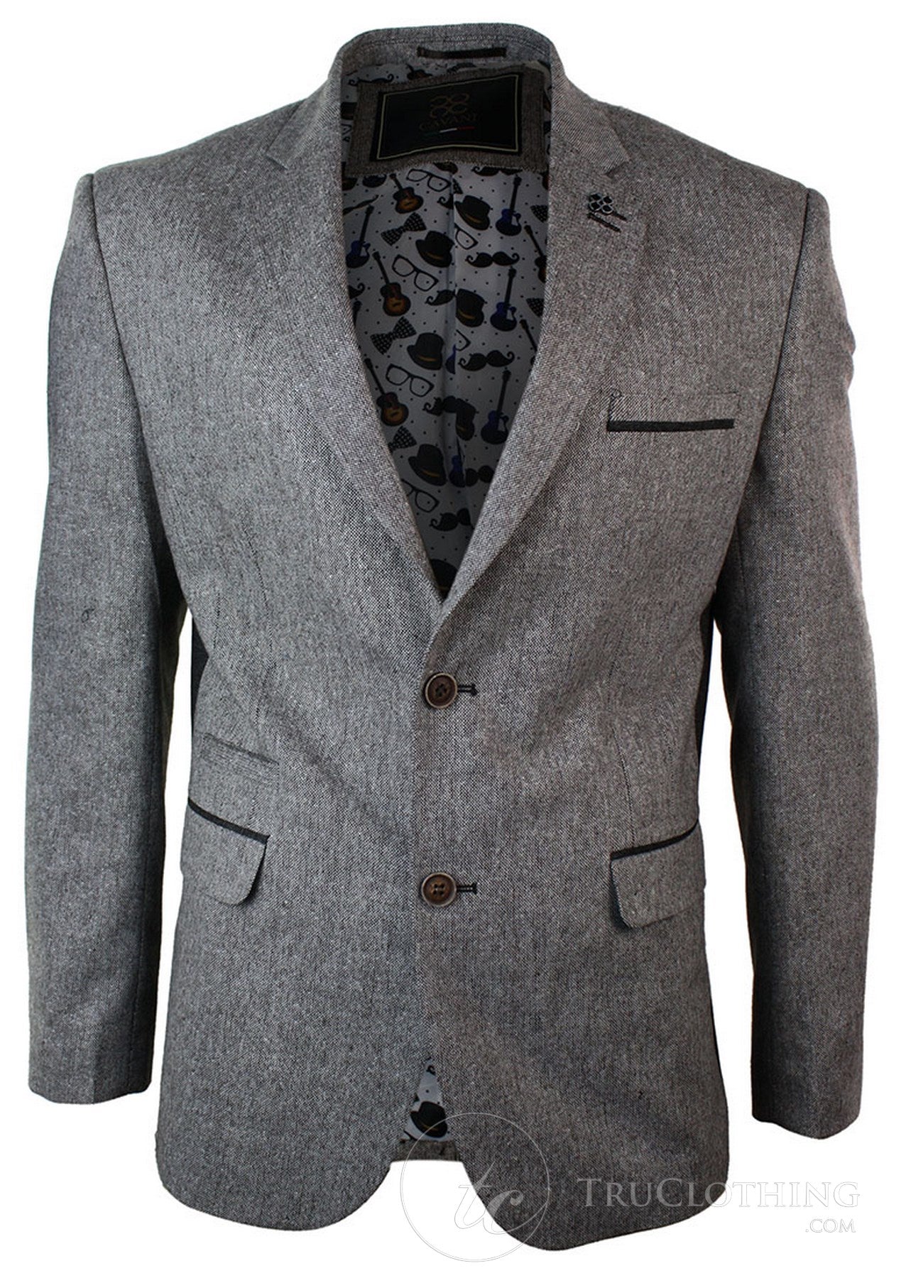Blazer masculino vintage slim fit em tweed espinha de peixe marrom claro, elegante e casual.