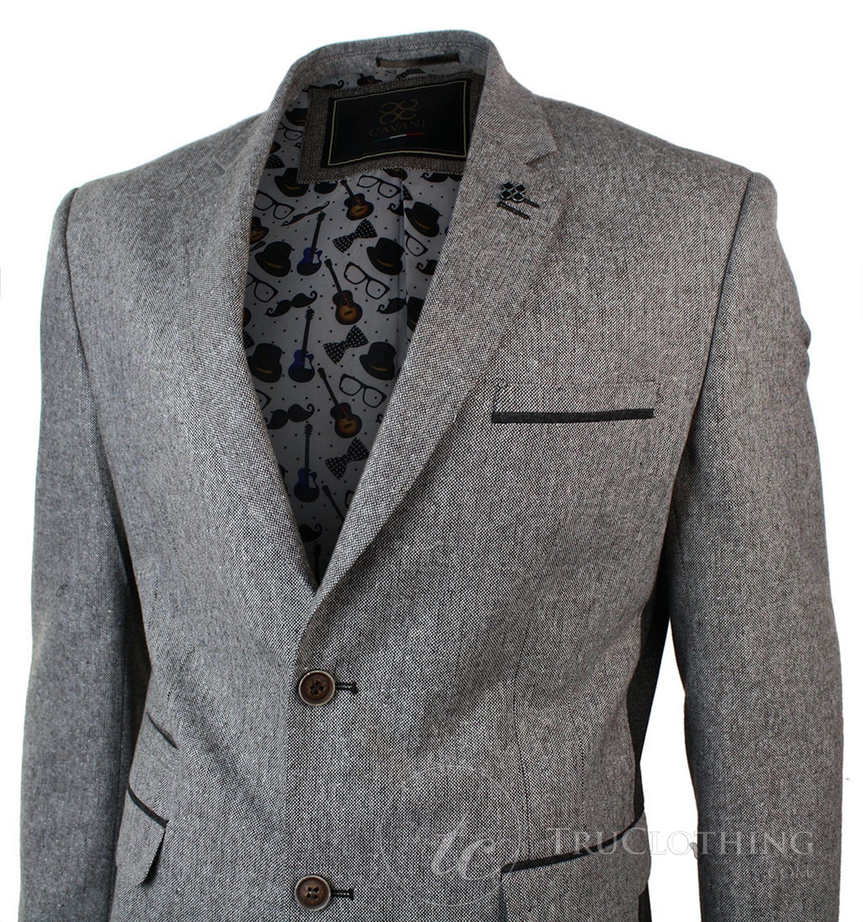 Blazer masculino vintage slim fit em tweed espinha de peixe marrom claro, elegante e casual.