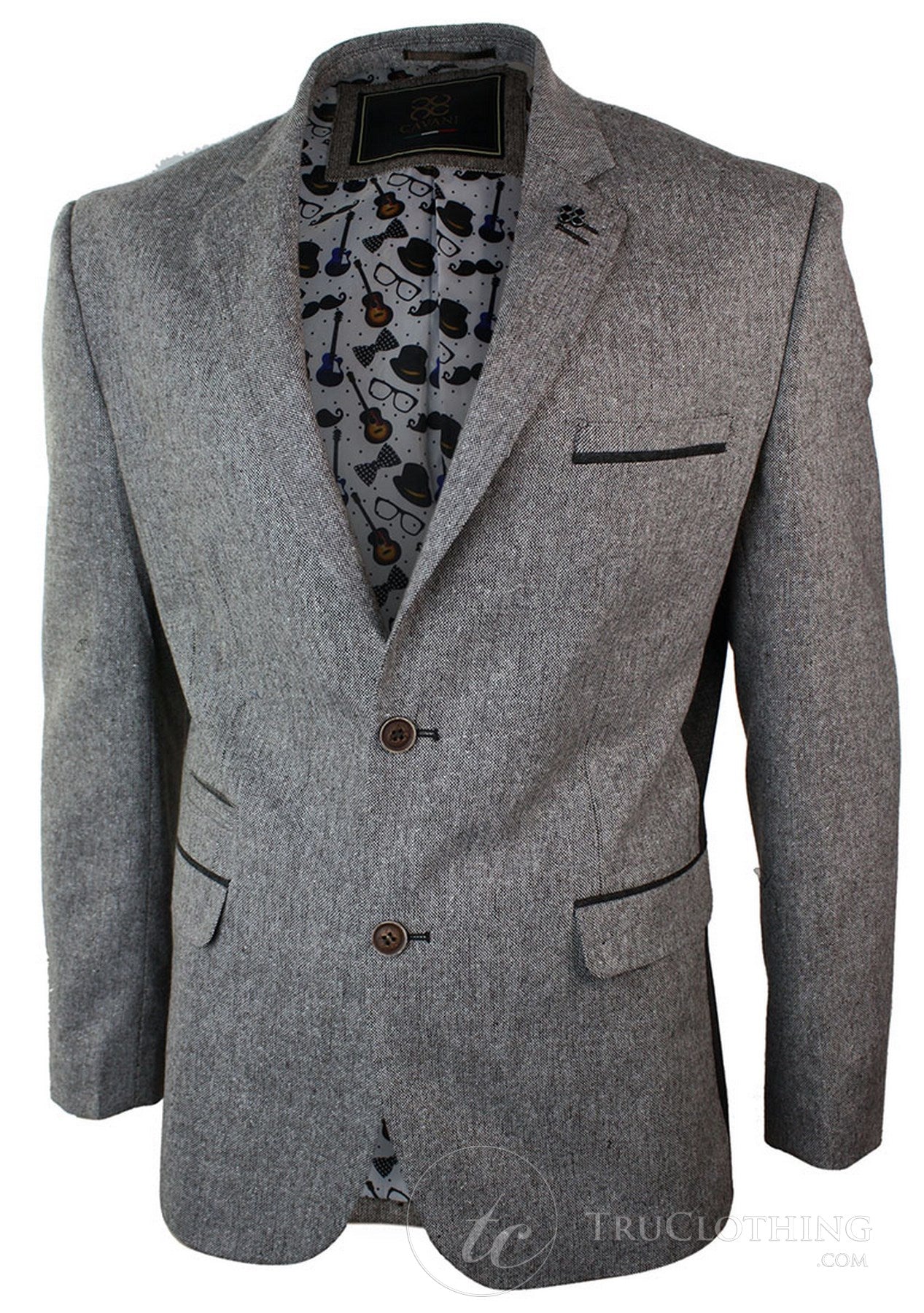 Blazer masculino vintage slim fit em tweed espinha de peixe marrom claro, elegante e casual.
