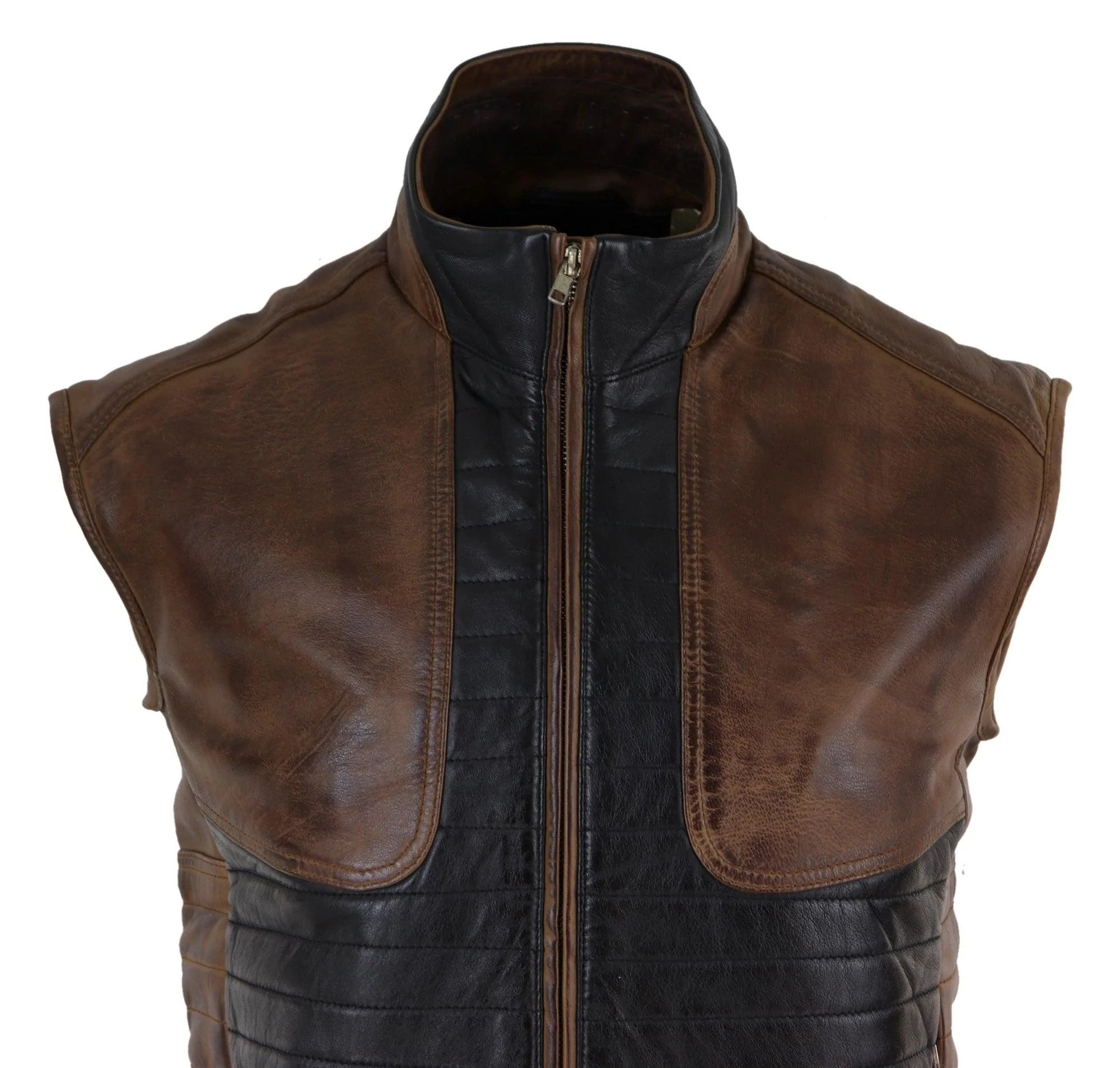 Colete masculino de couro preto e marrom