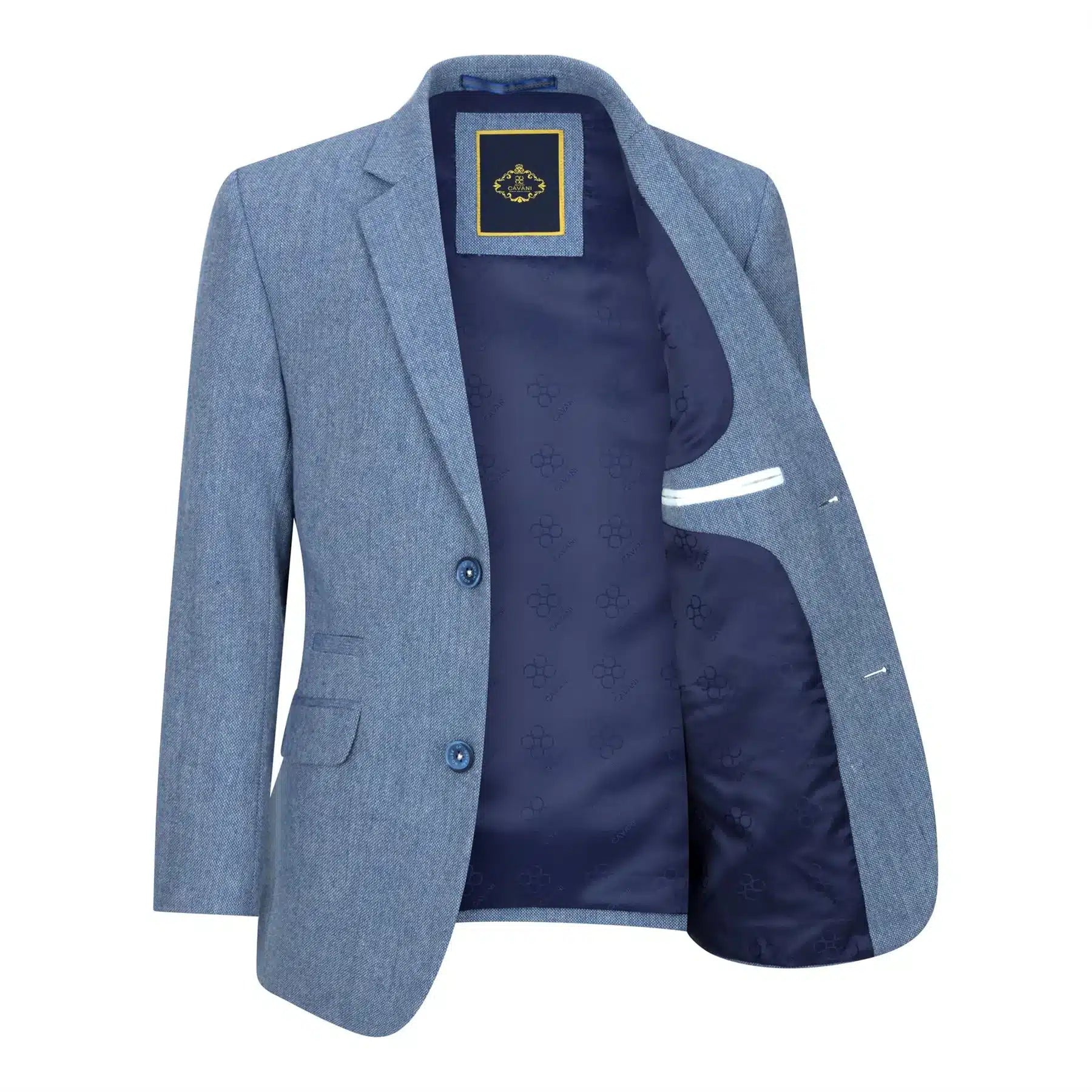 Terno infantil de 3 peças em lã azul claro, estilo vintage clássico dos anos 1920, com colete de 4 bolsos.