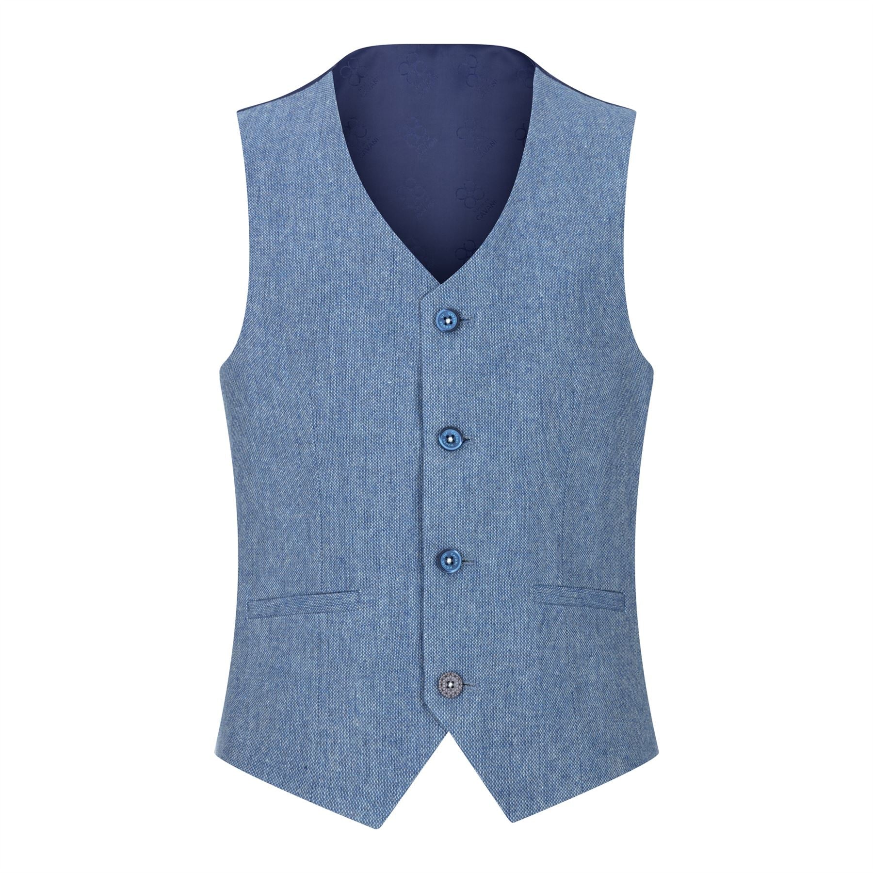 Terno infantil de 3 peças em lã azul claro, estilo vintage clássico dos anos 1920, com colete de 4 bolsos.