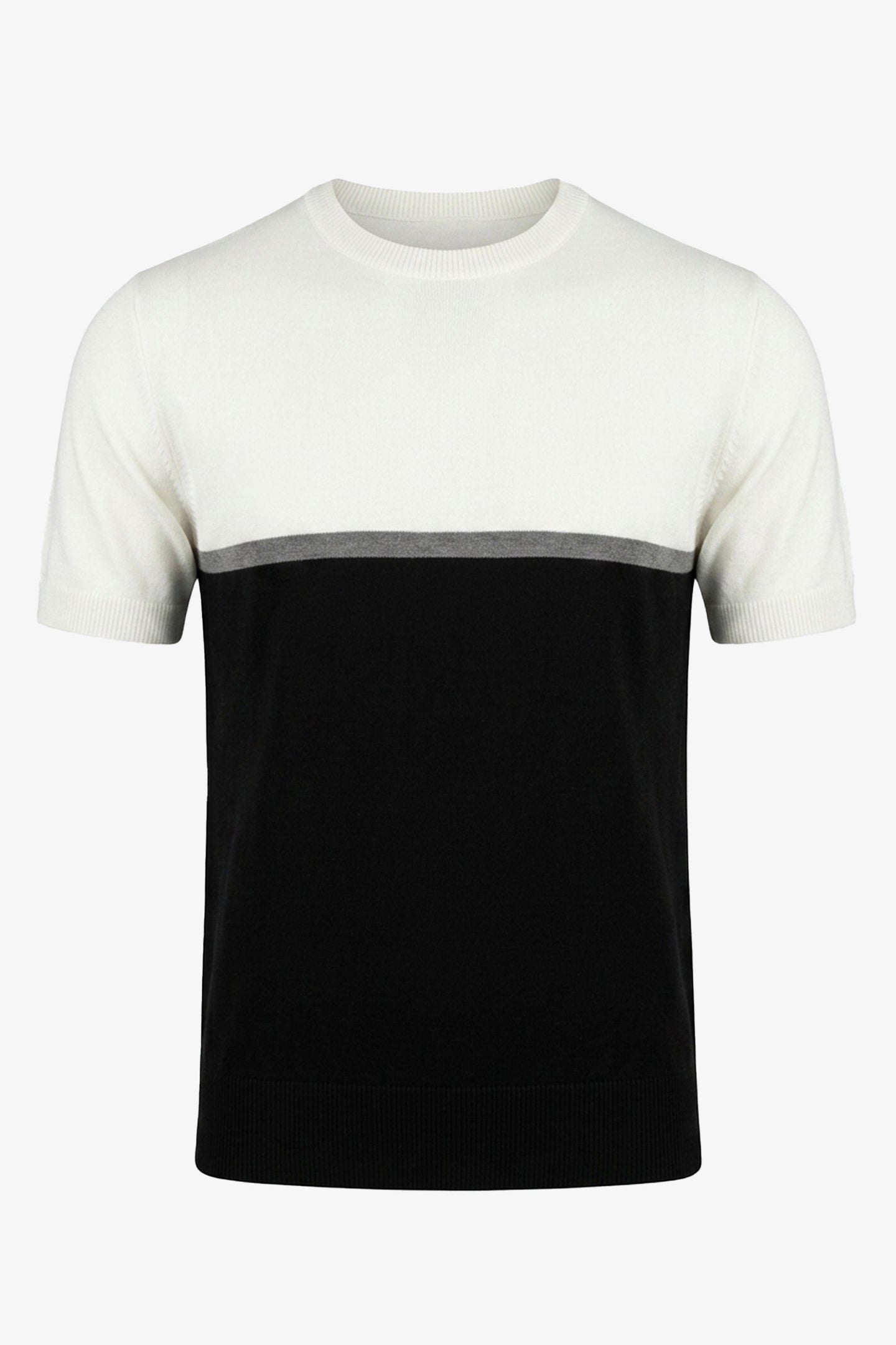 Camiseta masculina de malha com blocos de cores em branco e preto