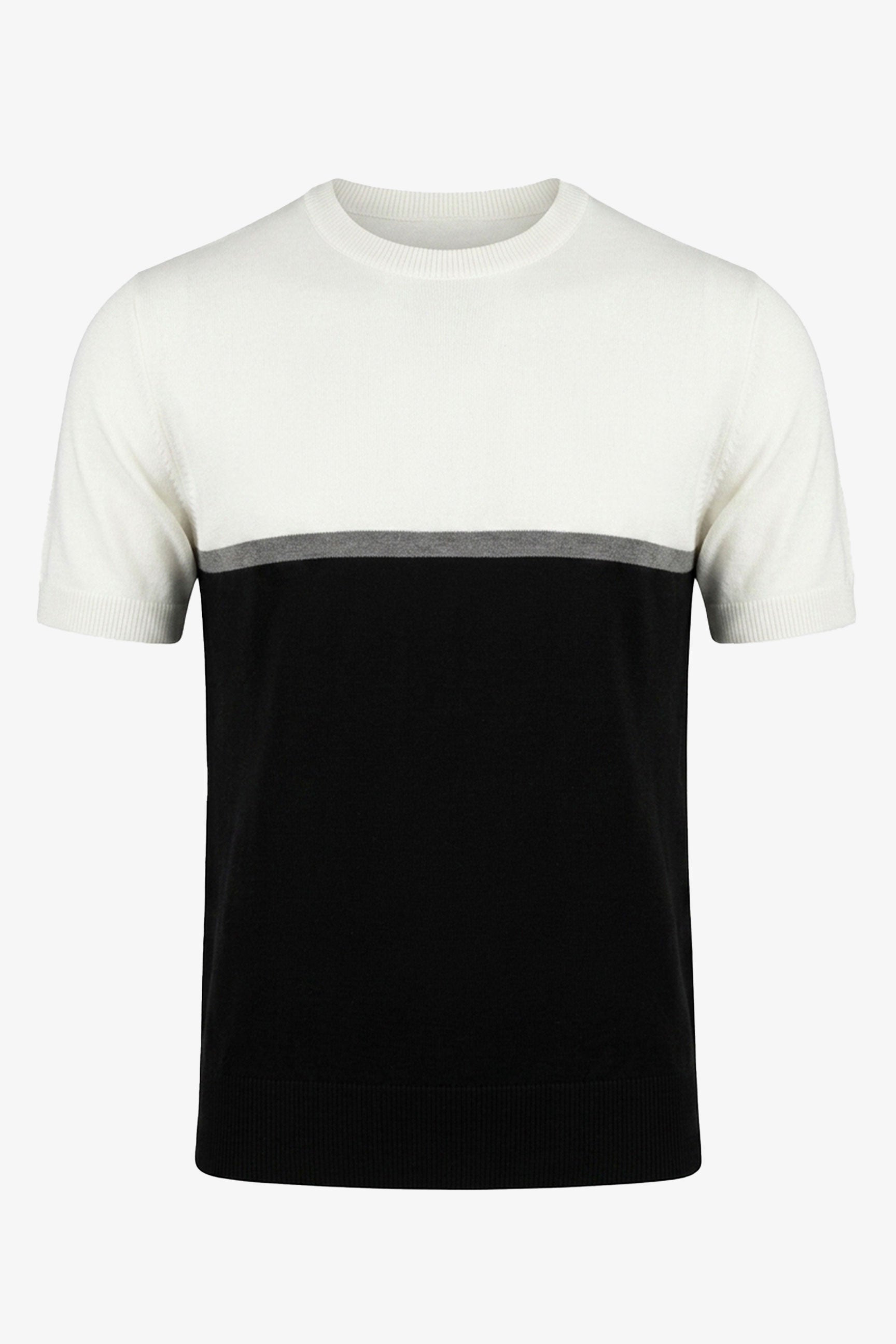 Camiseta masculina de malha com blocos de cores em branco e preto