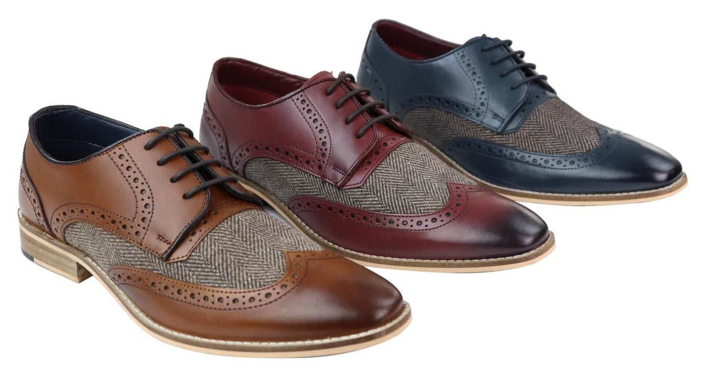 Sapatos masculinos de couro e tweed estilo Gatsby dos anos 1920