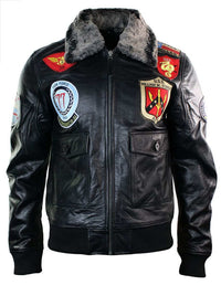 Jaqueta Bomber Masculina de Couro Legítimo, Estilo Aviador da Força Aérea dos EUA, com Gola de Pele Preta