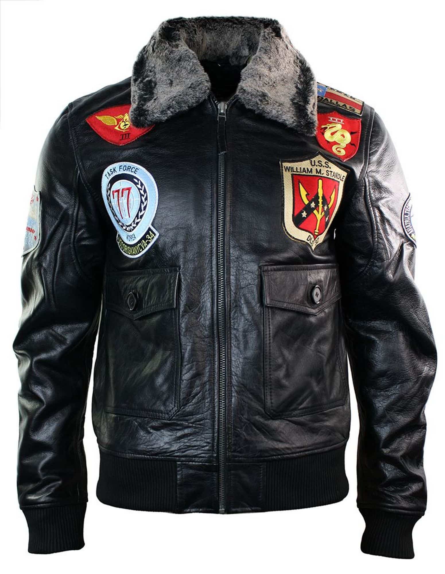 Jaqueta Bomber Masculina de Couro Legítimo, Estilo Aviador da Força Aérea dos EUA, com Gola de Pele Preta