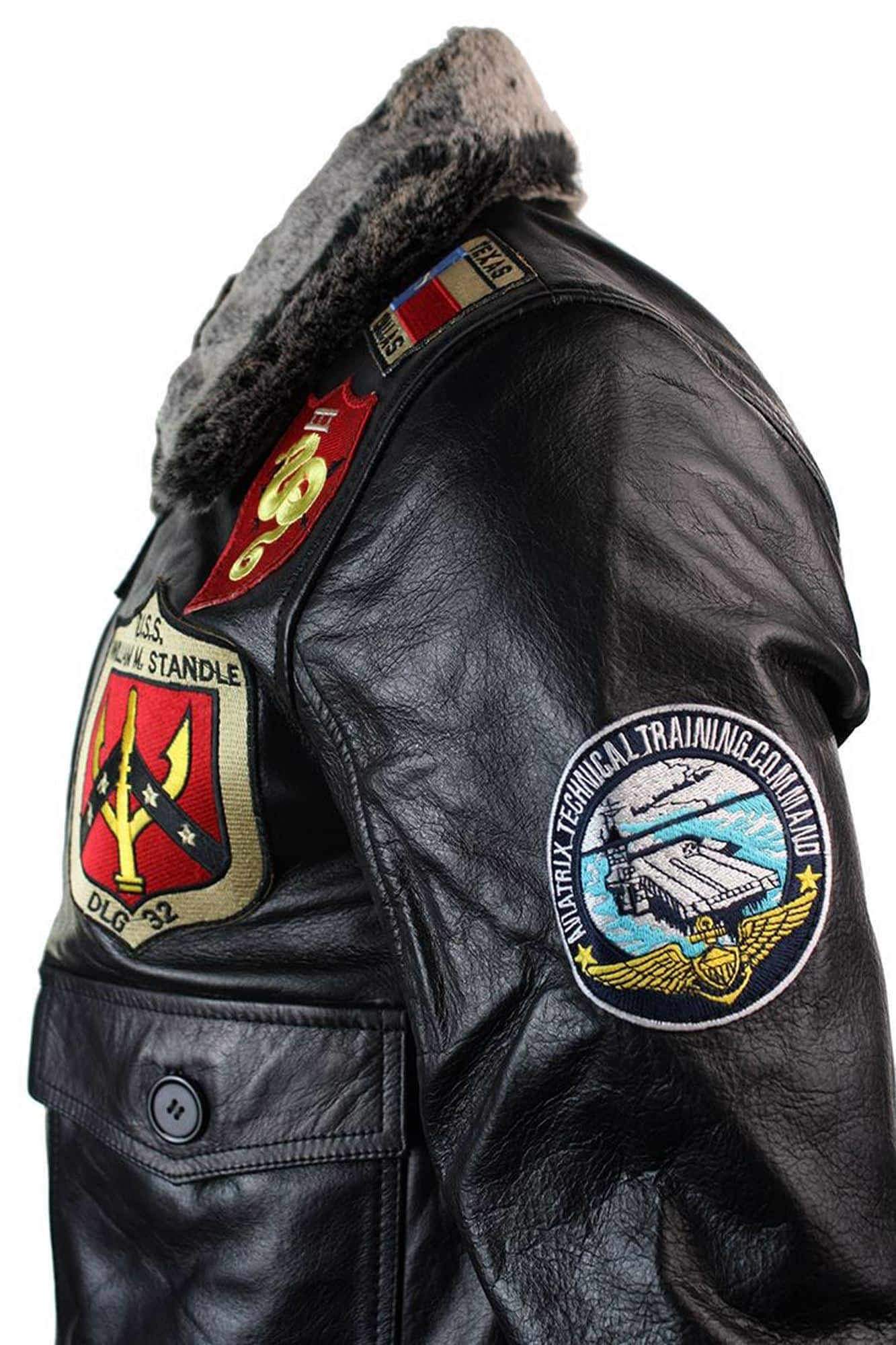 Jaqueta Bomber Masculina de Couro Legítimo, Estilo Aviador da Força Aérea dos EUA, com Gola de Pele Preta
