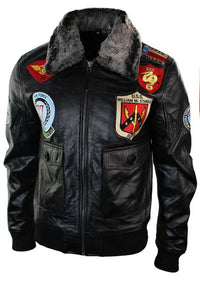 Jaqueta Bomber Masculina de Couro Legítimo, Estilo Aviador da Força Aérea dos EUA, com Gola de Pele Preta