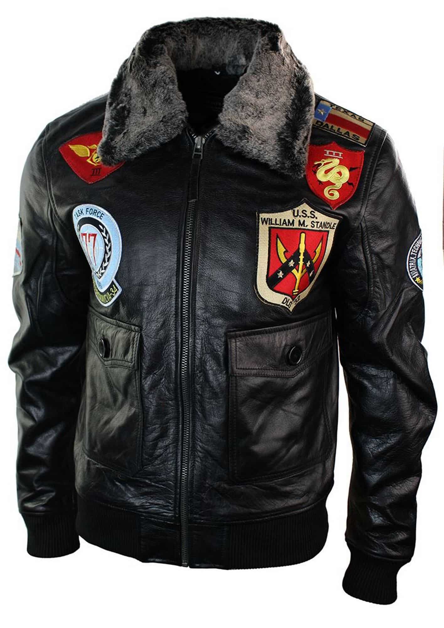 Jaqueta Bomber Masculina de Couro Legítimo, Estilo Aviador da Força Aérea dos EUA, com Gola de Pele Preta