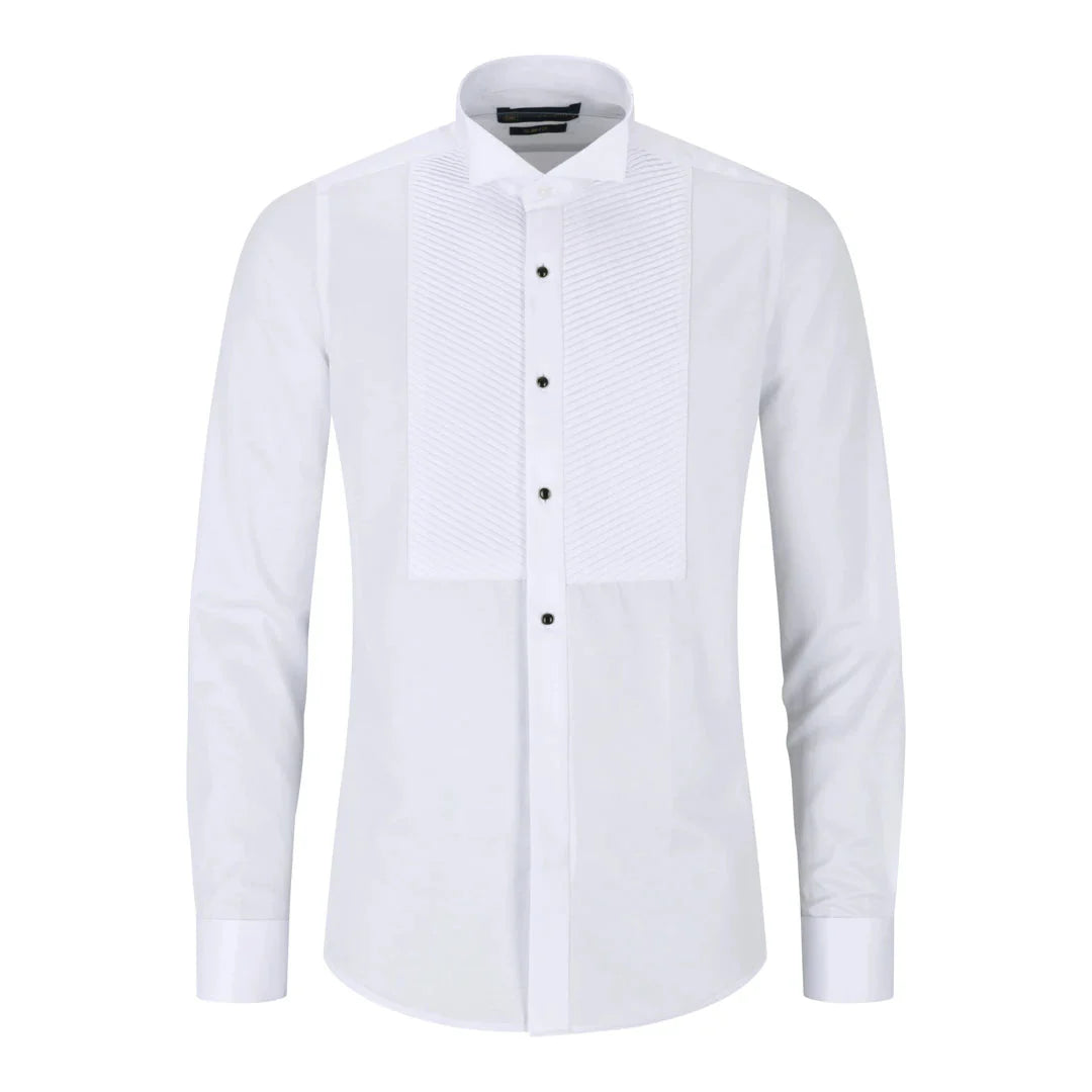 Camisa branca masculina com colarinho wingtip, pregas, estilo smoking, punho duplo, em cetim de algodão.