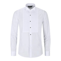 Camisa branca masculina com colarinho wingtip, pregas, estilo smoking, punho duplo, em cetim de algodão.