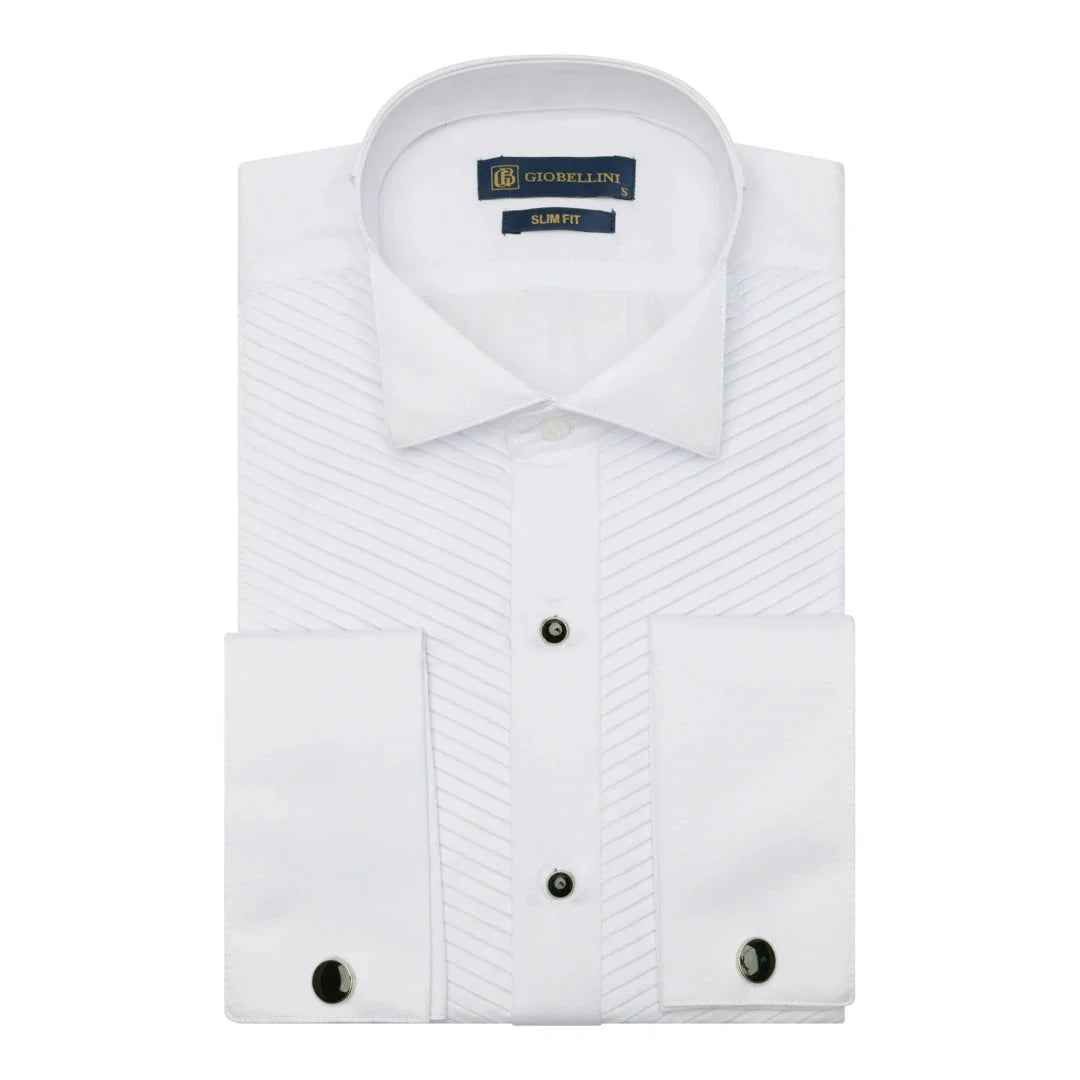 Camisa branca masculina com colarinho wingtip, pregas, estilo smoking, punho duplo, em cetim de algodão.