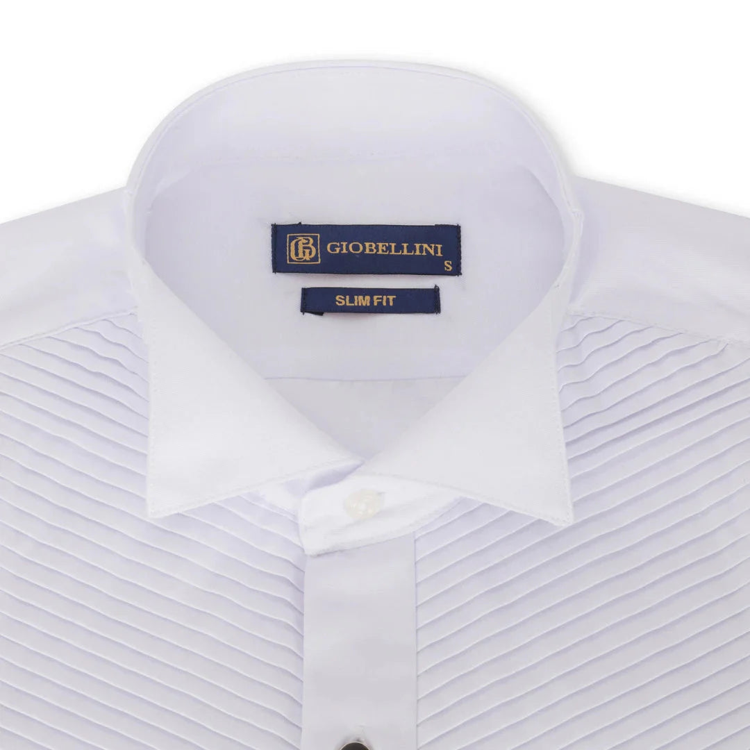 Camisa branca masculina com colarinho wingtip, pregas, estilo smoking, punho duplo, em cetim de algodão.