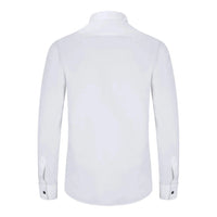 Camisa branca masculina com colarinho wingtip, pregas, estilo smoking, punho duplo, em cetim de algodão.