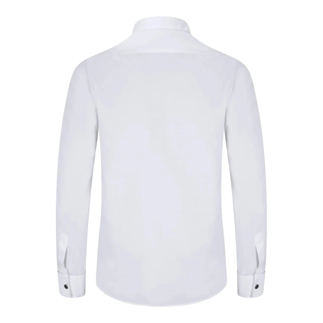 Camisa branca masculina com colarinho wingtip, pregas, estilo smoking, punho duplo, em cetim de algodão.