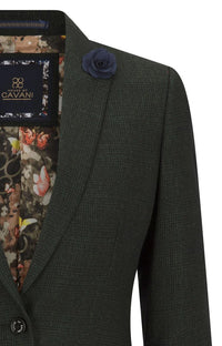 Blazer feminino clássico de lã tweed xadrez verde, estilo vintage anos 1920, estilo retrô.