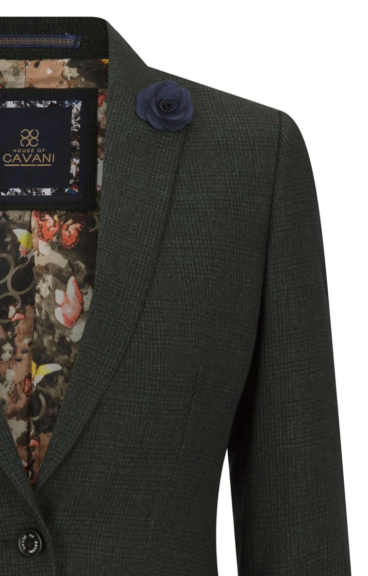 Blazer feminino clássico de lã tweed xadrez verde, estilo vintage anos 1920, estilo retrô.