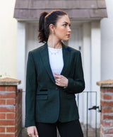 Blazer feminino clássico de lã tweed xadrez verde, estilo vintage anos 1920, estilo retrô.
