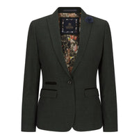 Blazer feminino clássico de lã tweed xadrez verde, estilo vintage anos 1920, estilo retrô.