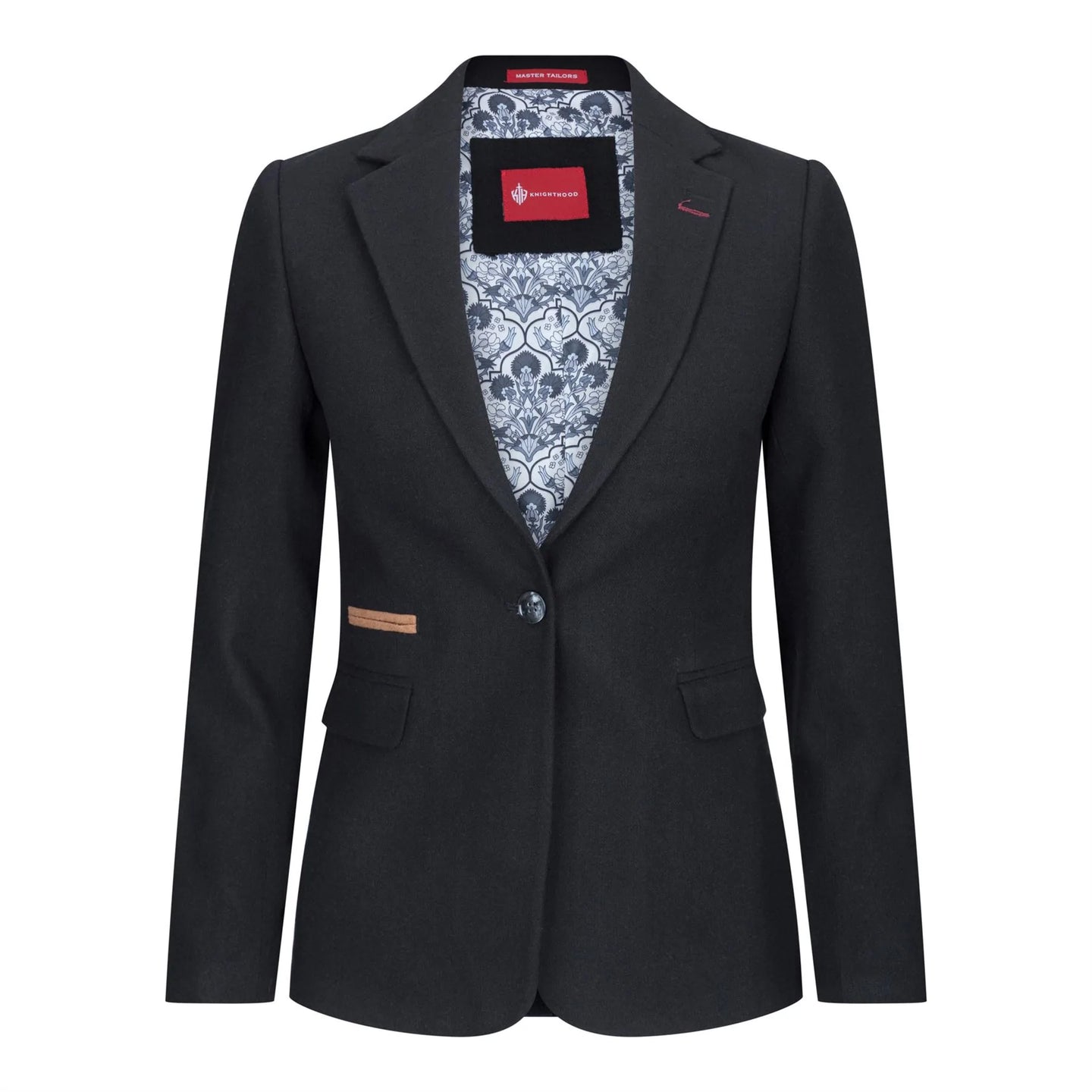 Blazer feminino clássico vintage dos anos 1920 em lã tweed com cotoveleiras, preto.