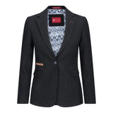 Blazer feminino clássico vintage dos anos 1920 em lã tweed com cotoveleiras, preto.