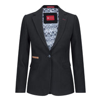 Blazer feminino clássico vintage dos anos 1920 em lã tweed com cotoveleiras, preto.