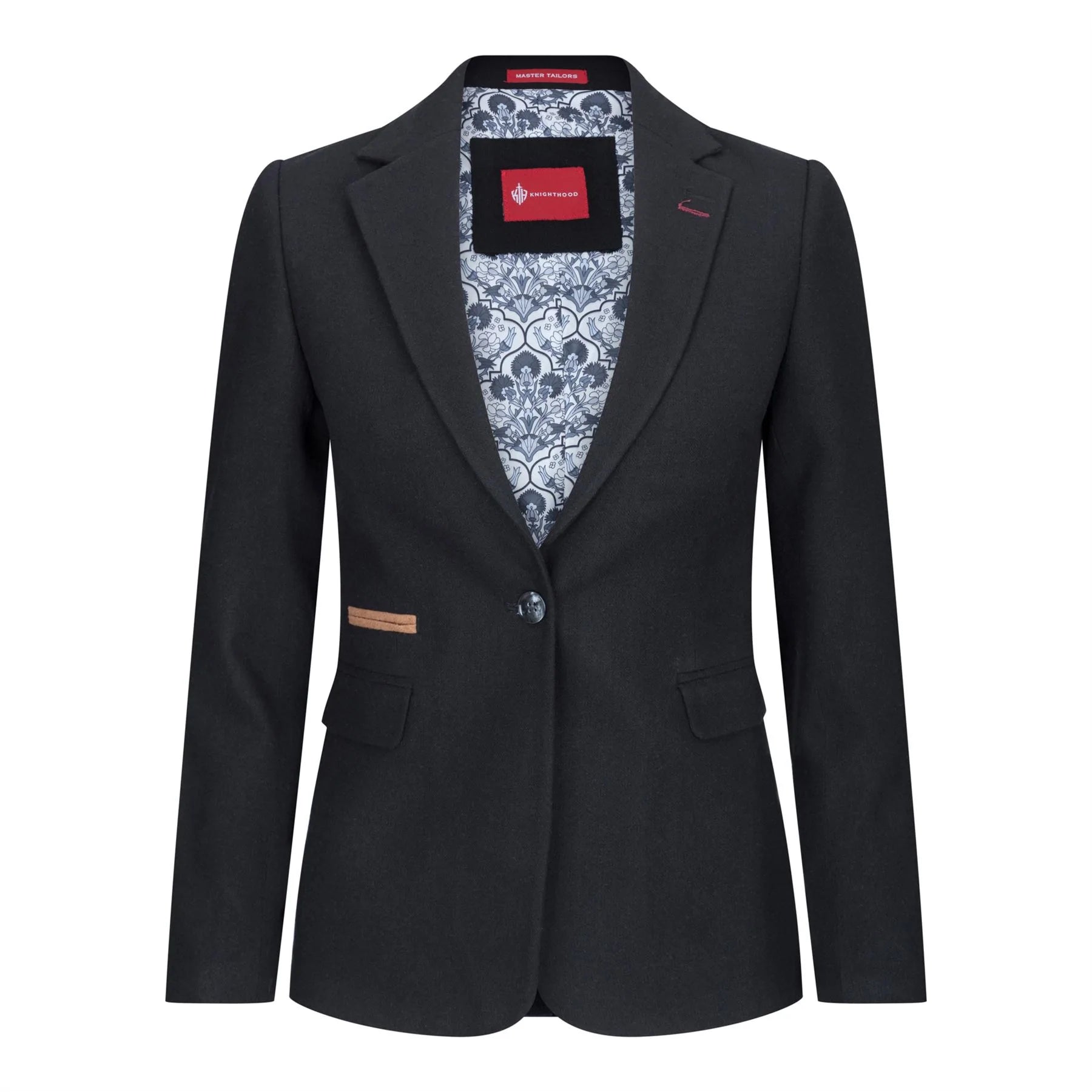 Blazer feminino clássico vintage dos anos 1920 em lã tweed com cotoveleiras, preto.