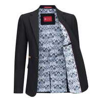 Blazer feminino clássico vintage dos anos 1920 em lã tweed com cotoveleiras, preto.