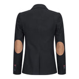 Blazer feminino clássico vintage dos anos 1920 em lã tweed com cotoveleiras, preto.