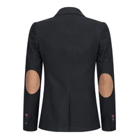 Blazer feminino clássico vintage dos anos 1920 em lã tweed com cotoveleiras, preto.