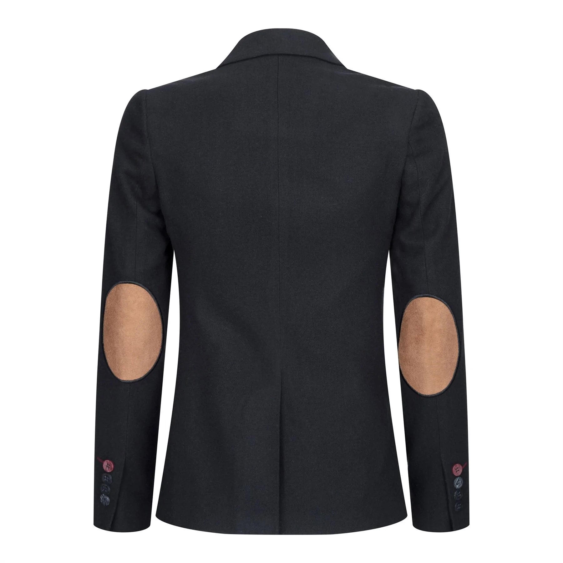 Blazer feminino clássico vintage dos anos 1920 em lã tweed com cotoveleiras, preto.