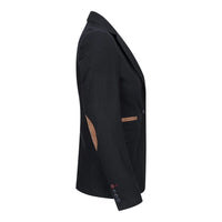 Blazer feminino clássico vintage dos anos 1920 em lã tweed com cotoveleiras, preto.