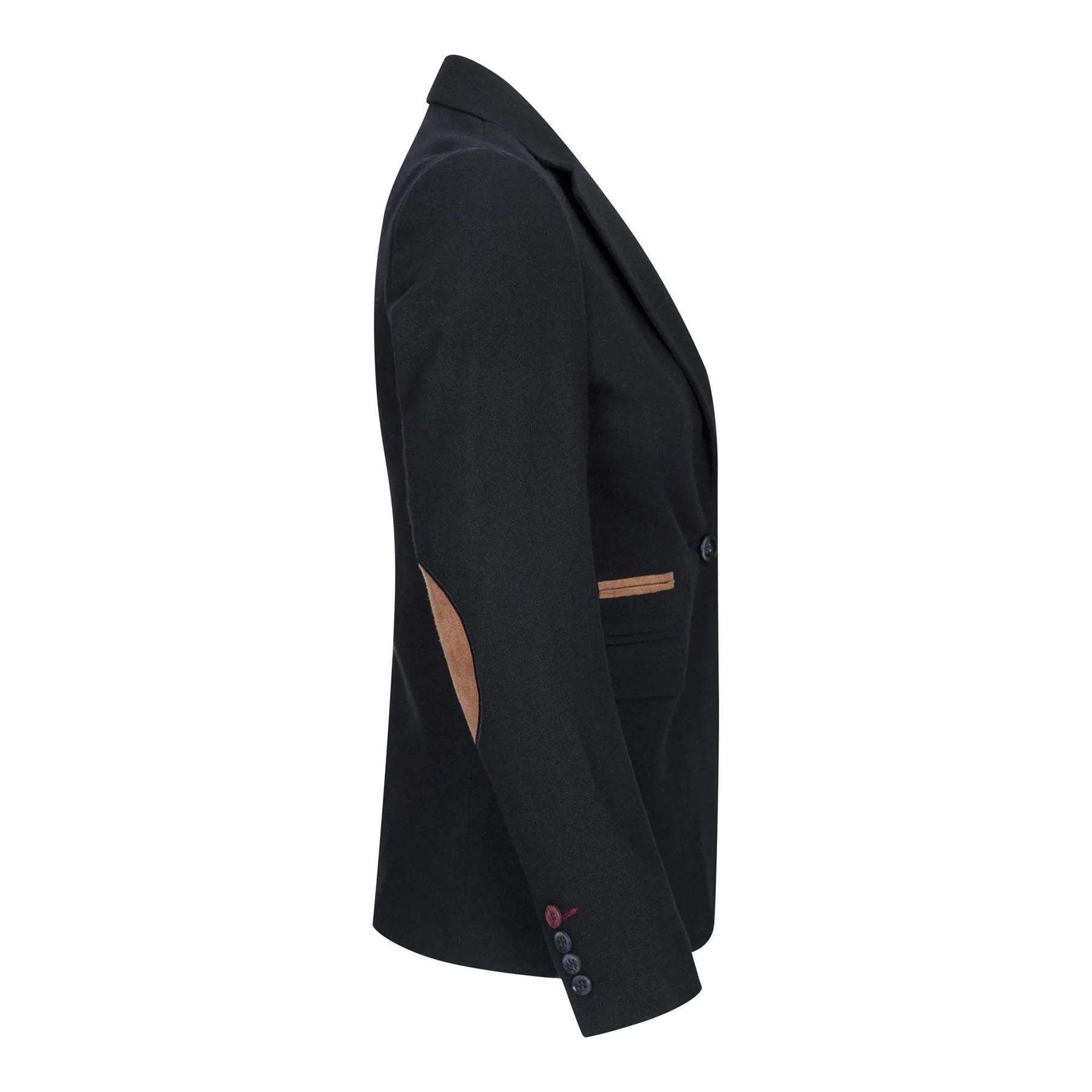 Blazer feminino clássico vintage dos anos 1920 em lã tweed com cotoveleiras, preto.