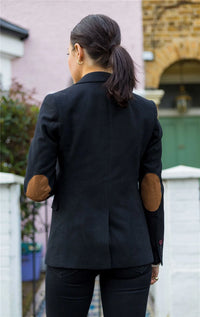 Blazer feminino clássico vintage dos anos 1920 em lã tweed com cotoveleiras, preto.
