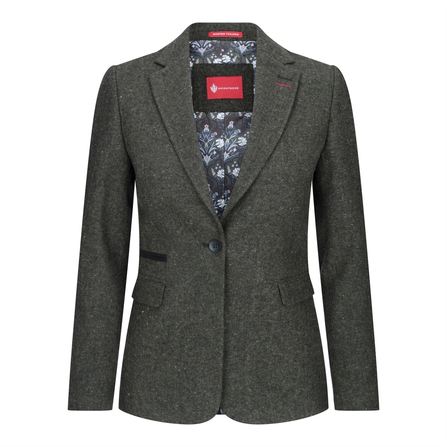 Blazer feminino de lã tweed com cotoveleiras, estilo clássico vintage dos anos 1920, na cor verde.