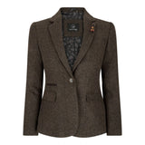 Blazer feminino em tweed espinha de peixe marrom, estilo vintage anos 1920, clássico e elegante.
